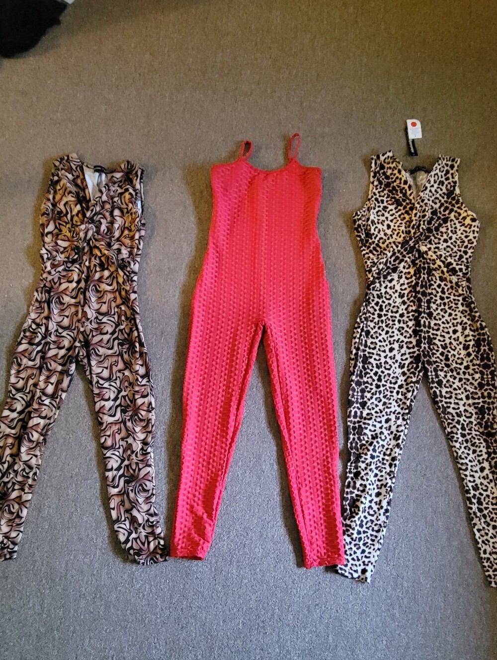 Women's Bundle of 3 Size L Jumpsuits - Leopard, Red Textured, Abstract Print